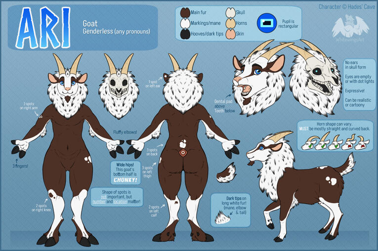 Reference - 3 fullbodies (front/back + feral), 2 portraits (normal + alt version), 2 small close-ups/details